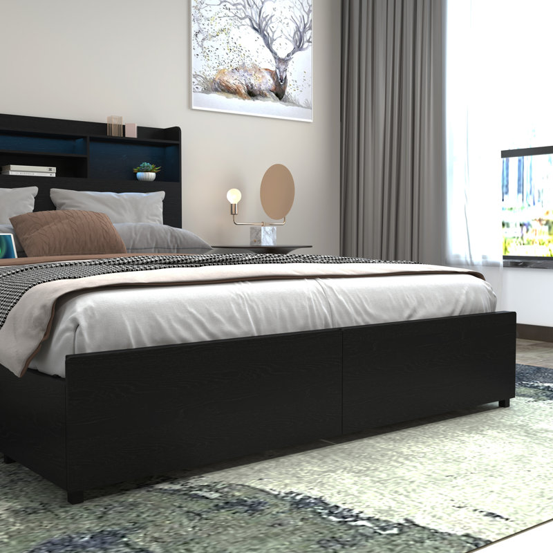 Full Storage Bed Frame with 6 Drawers, Headboard & Shelf, LED Lights & USB Charging, No Box Spring, Silent Black, Full