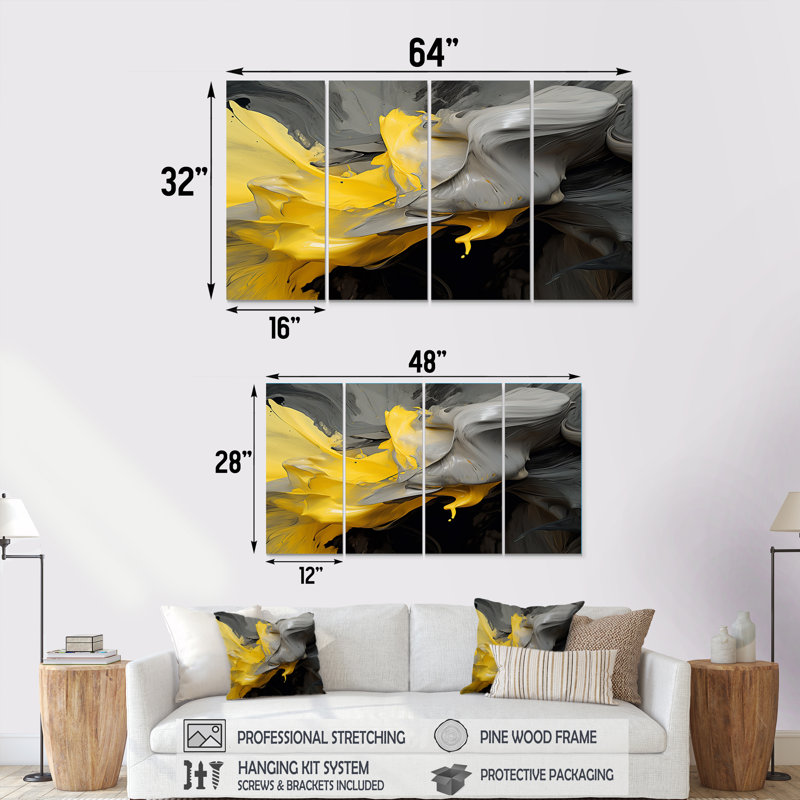 Raw Reflections Yellow Grey - Abstract Wall Art Decor, 4 pièces, H 32 po x l 64 po