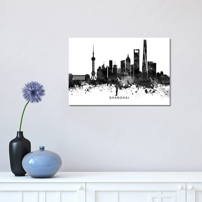 Shanghai Skyline Black & White by WallDecorAddict - Wrapped Canvas Print, 30.48cm H x 45.72cm W x 1.91cm D