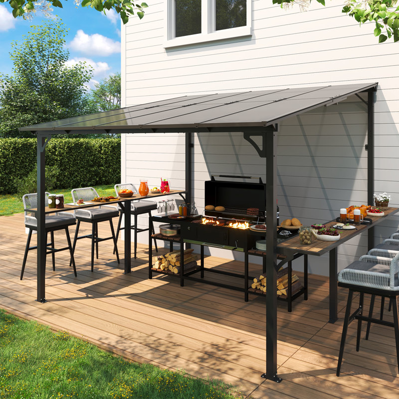 Meissalivve 10' X 10' Wall Mounted Gazebo, Outdoor Bbq Grill Gazebo With Side Shelf, Lean To Metal Awnings With Sloped Roof, Heavy Duty Pergola For Backyard, Deck, Black