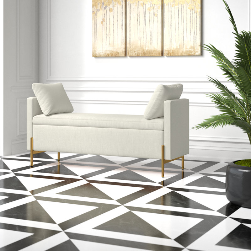 Banc rembourré avec rangement à compartiments et coussins décoratifs l 56 po Aristides, Chenille ivoire