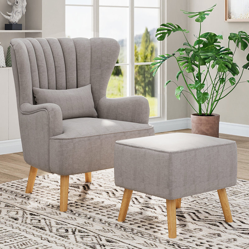 Kiro Upholstered Wingback Chair with Footstool, Light Grey