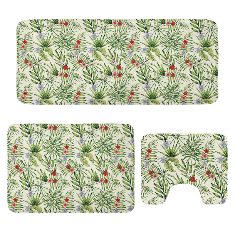  Tapis de salle de bain tropical 3 pièces en U et tapis rectangulaires ivoire et multicolore