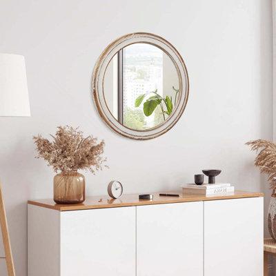 Farmhouse Wooden Round Wall Whitewash Edge Decorativ Mirror For Bedroom, Entryway, Living Room