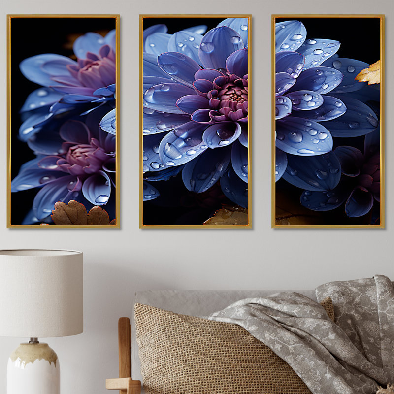 Mums Nocturnal Elegance Midnight Indigo - ensemble d'art mural de mamans, Cadre flottant doré, H 28 po x l 36 po x P 1 po