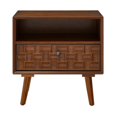 Mid-Century Modern Wood Nightstand with Carved Geometric Drawer Front, 1 Drawer and Open Shelf, Solid Wood Legs, Bedside Table for Bedroom