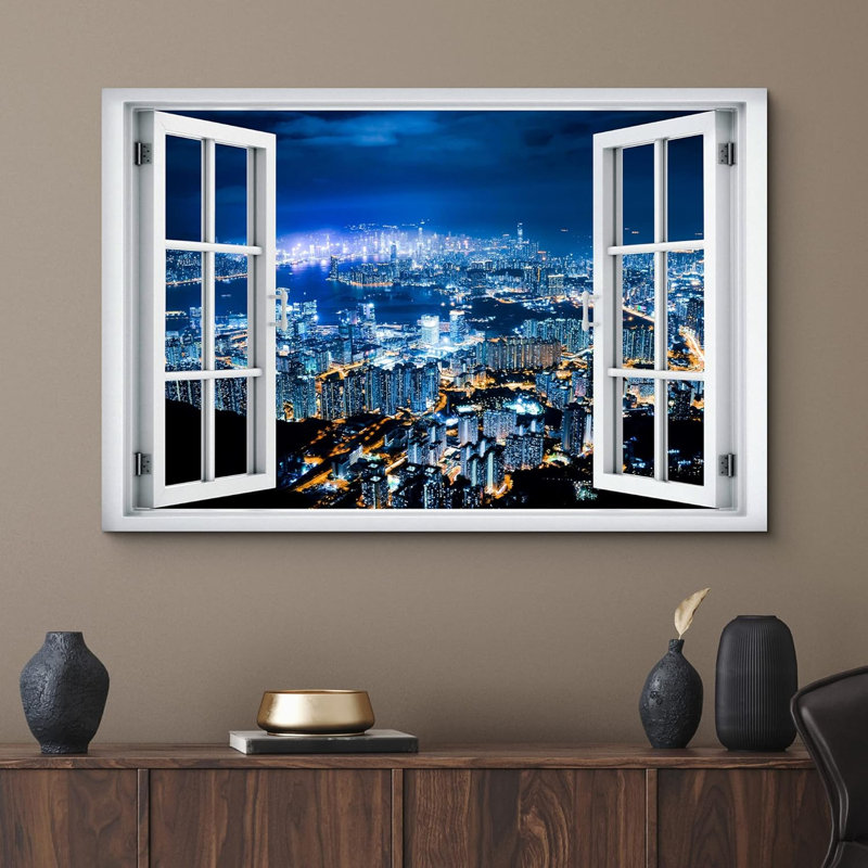 Fenêtre de paysage «Window View Urban New York City Night Life Skyscraper Nature Images Scenic Landscape» sur toile