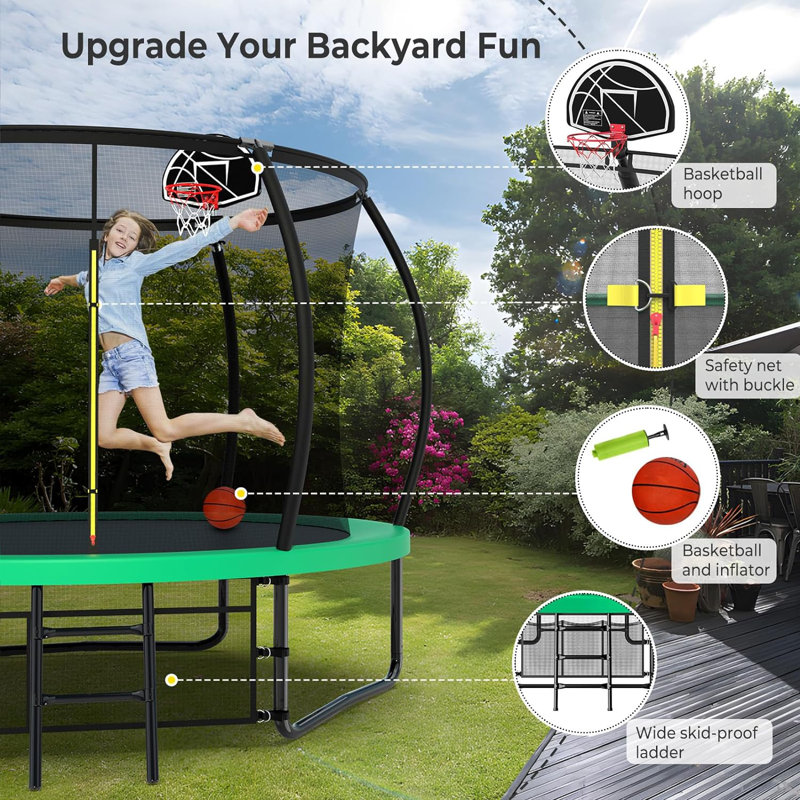 Sapphome Round Backyard Trampoline with Safety Enclosure, Green