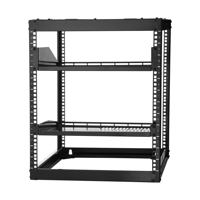 Support réseau 12U à cadre ouvert, profondeur de 23 po, tablettes ventilées sur pied, quincaillerie de fixation, adaptable au matériel audiovisuel, espaces serrés fixés au mur ou debout, fabrication de haute qualité, idéale pour la vente au détail