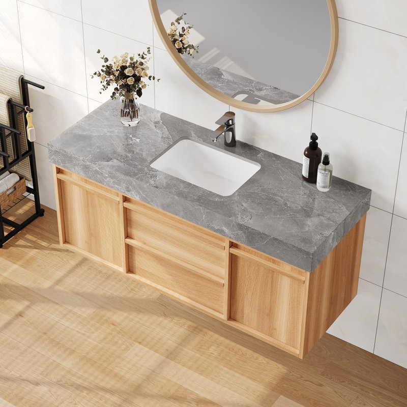 Meuble-lavabo mural simple 48 po avec comptoir en pierre frittée grise, lavabo encastré en céramique blanche, armoire en bois massif multicouche en bois naturel, portes et tiroirs à fermeture en douceur