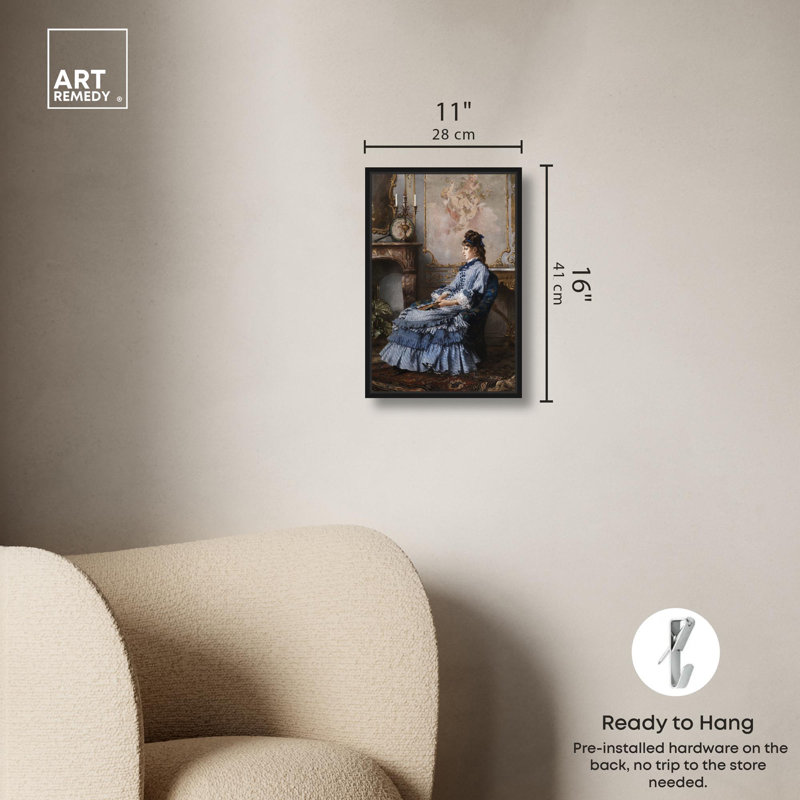 Art Remedy, toile Portraits classiques, jeune femme au foyer, Cadre flottant noir, H 16 po x l 11 po