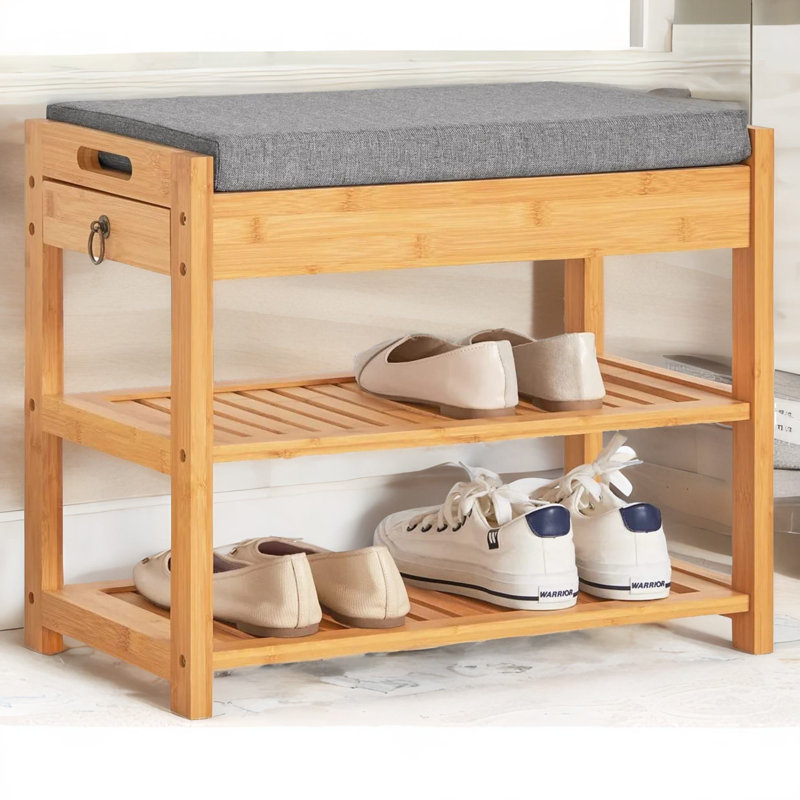 2 Tier Shoe Bench Storage Bench With Cushioned Seat & Storage Drawer Living Room Hallway Furniture