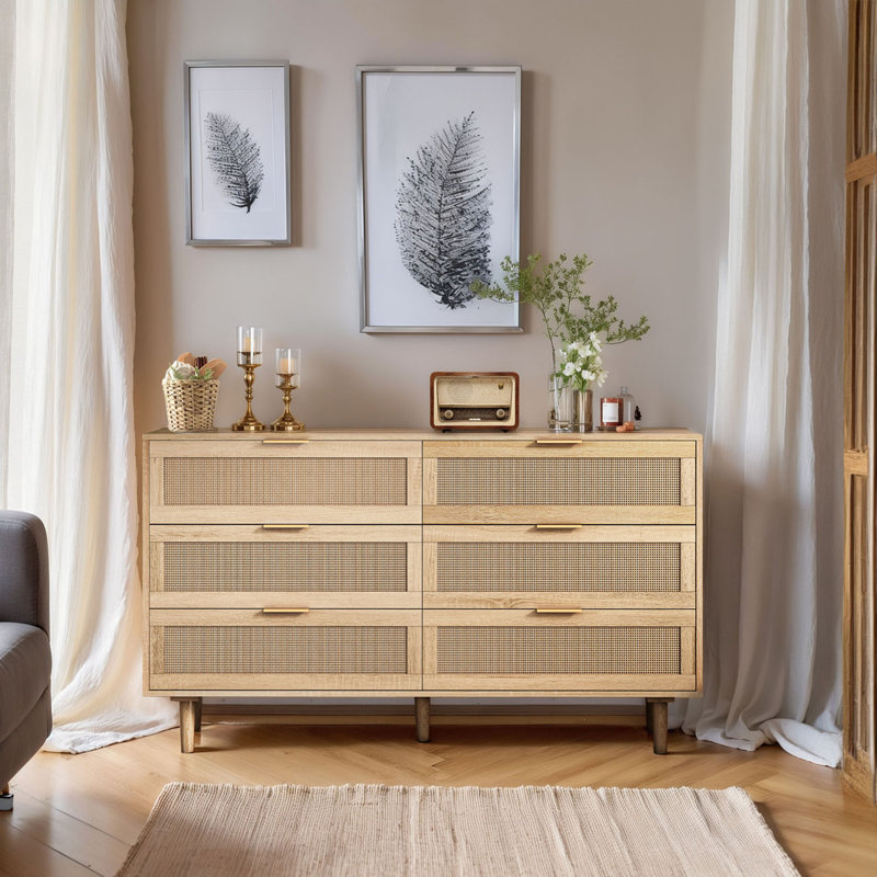 6-Drawers Rattan Storage Cabinet Rattan Drawer, Natural, 29.72" H x 51.18" W x 15.75" D 