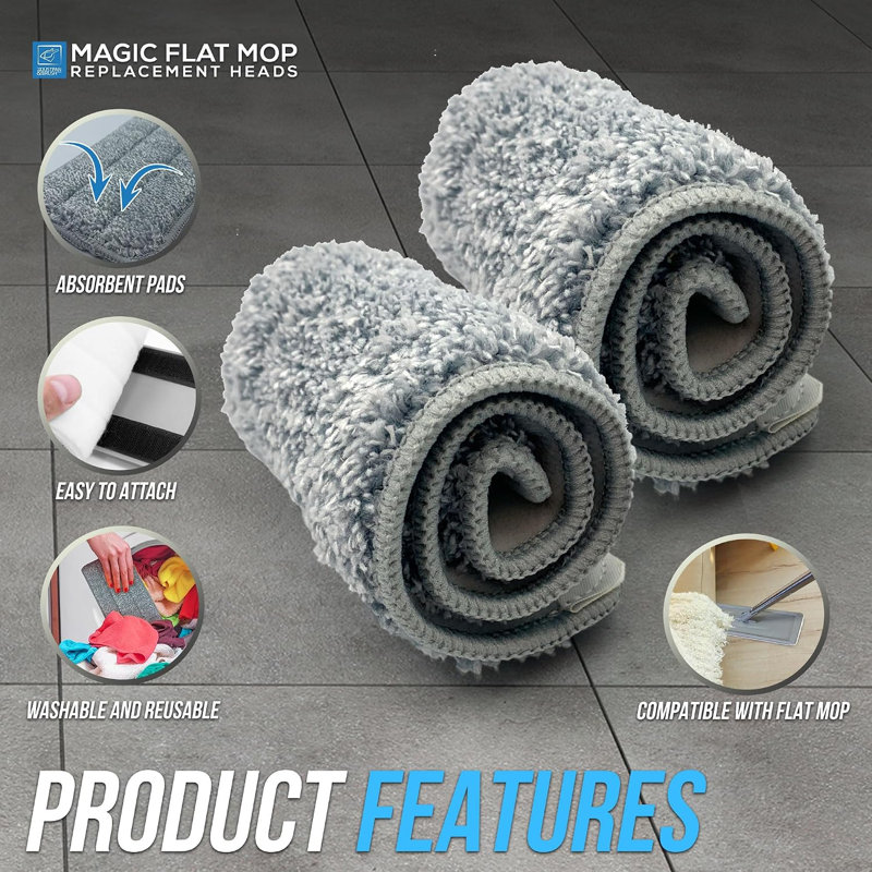 Flat Mop and Bucket Set with Built In Wringer 2 Microfibre Pads, 360 Degree Swivel Head, Pack of 2 Mop Refill Pads