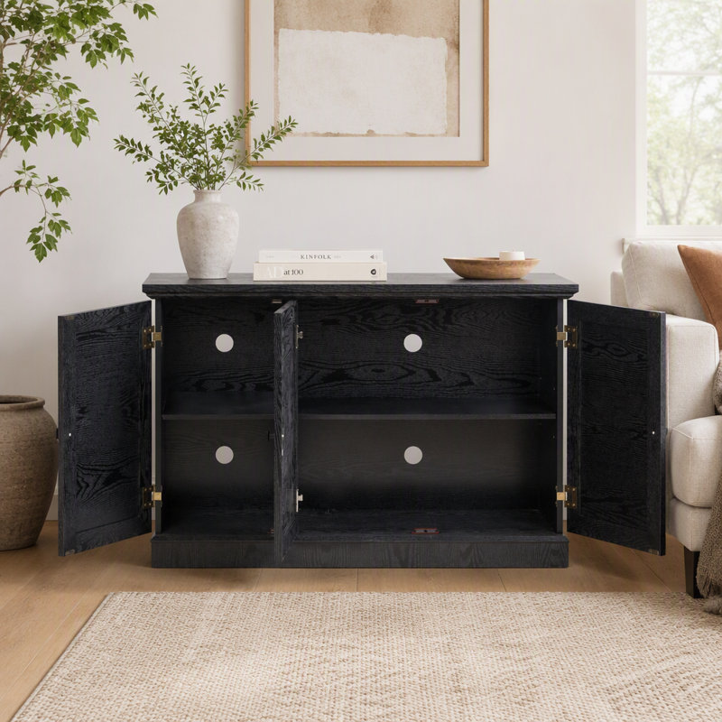 Meuble de rangement de 114 cm de large avec 3 portes en acrylique miroir, buffet avec étagères réglables, revêtements décoratifs en stratifié et panneau en MDF avec porte magnétique