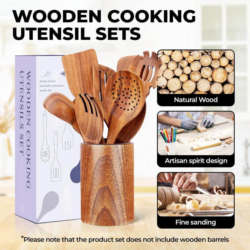 9-Piece Natural Teak Wooden Cooking Utensil Set