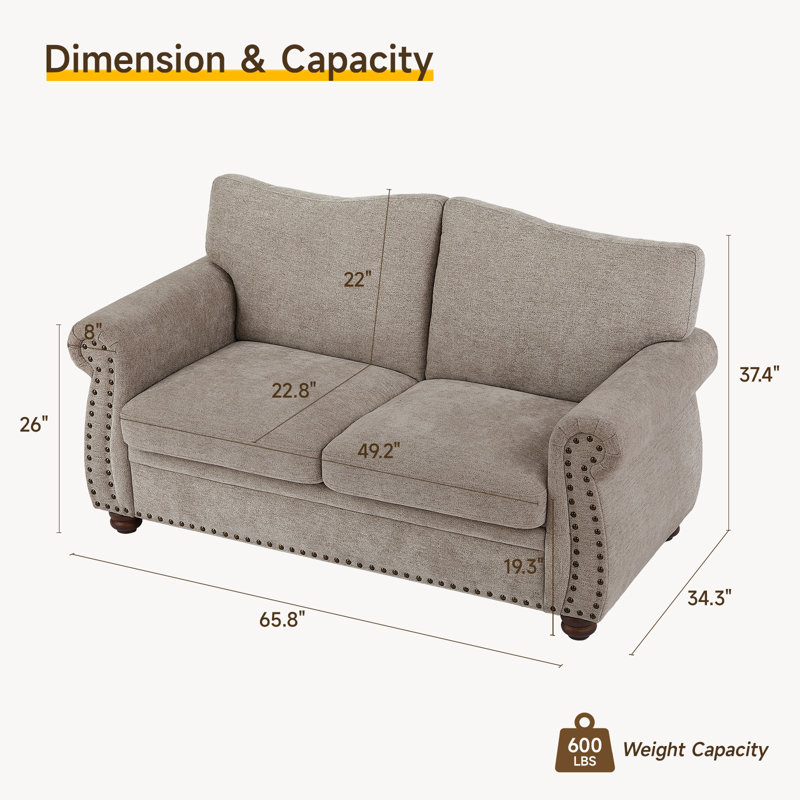 66''  Rolled Arms Chenille Small Sofa Couch, Chesterfield Sofa With Nailhead For Living Room., Gray