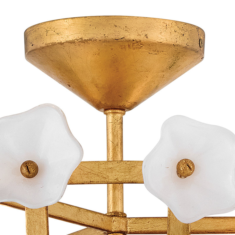 Distressed Brass and White Glass Floral LED Semi-Flush Mount