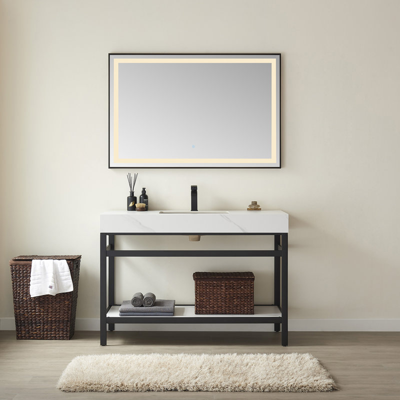 48'' Single Bathroom Vanity with Stone Top, Snow Mountain White, Matte Black, Matte Black
