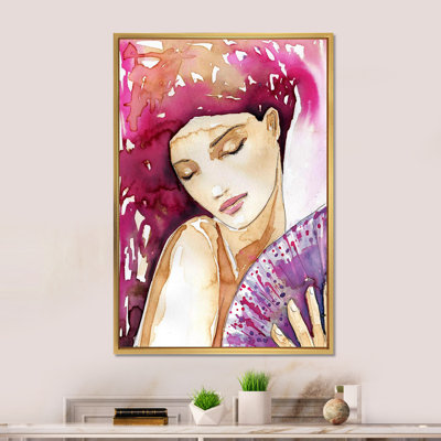 Délicat portrait rétro d'une jeune femme avec éventail - œuvre d'art sur toile glam