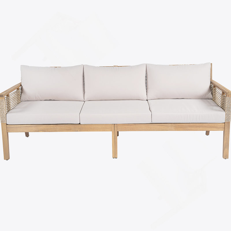 Acacia Wood 3-Seater Outdoor Sofa With Hand-Woven Rope Detail, Water-Resistant Cushions, Removable Covers, Adjustable Feet, And High-Weight Capacity For Garden, Backyard, Or Poolside Use.