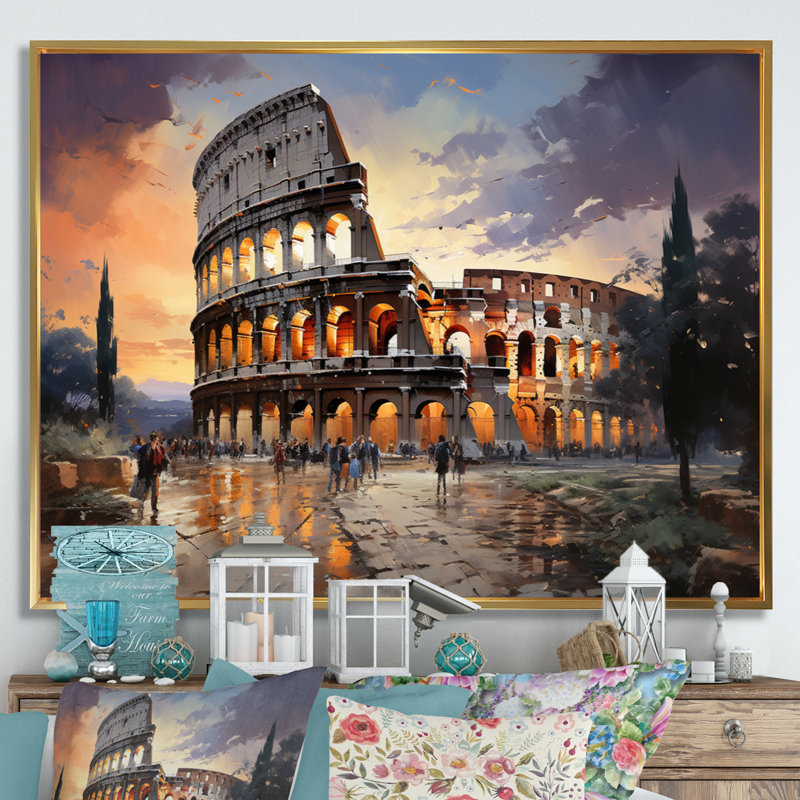 Beige, Italie, Colisée, Colosseo, sur toile, Cadre flottant doré, H 16 po x l 32 po x P 1 po