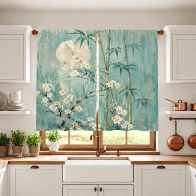 2 pièces rideaux en bambou et fleur de cerisier, tissu filtrant la lumière, imprimé artistique rétro, protection de la vie privée pare-soleil, conception à passe-tringle, convient au salon, à la chambre à coucher, au balcon, à la cuisine, à la maison
