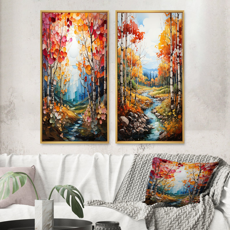 «Birch Woods Autumn Harmony», 2 pièces sur toile, H 32 po x l 32 po, Encadrement doré