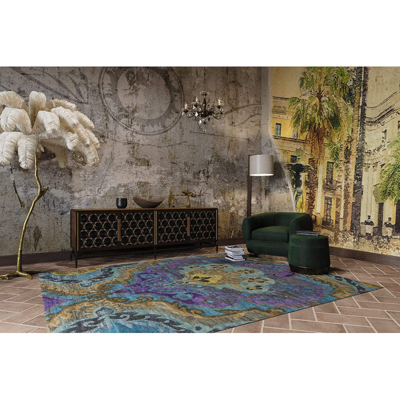 Galatea Wool Floral Area Rug in Blue/Purple, Rectangle 3' x 5'