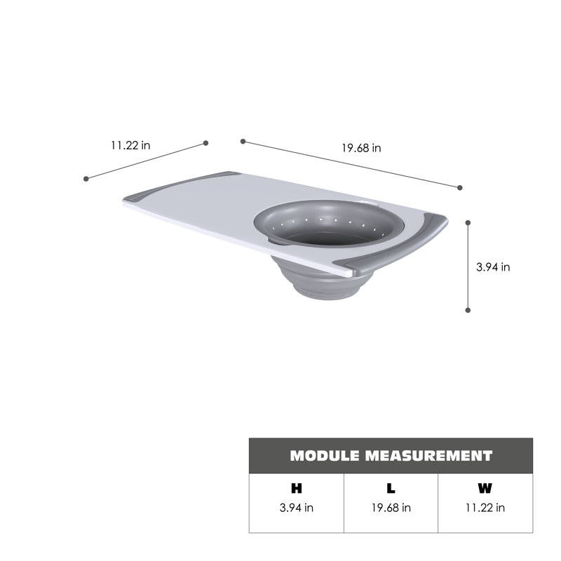 White and Grey Plastic Cutting Board with Built-In Strainer