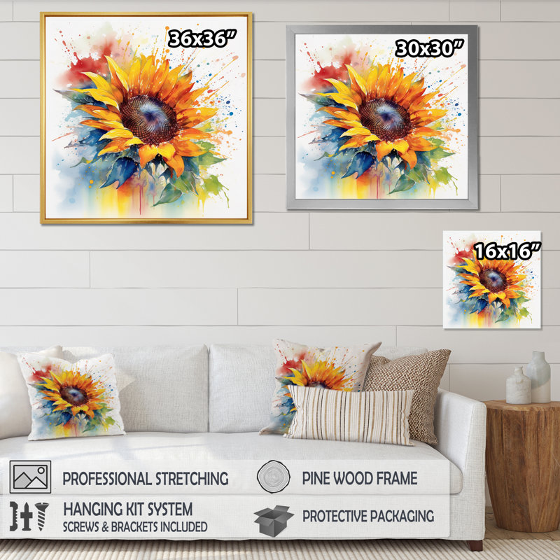 Yellow Blue Golden Sunflowers I - Floral Wall Decor, 36" H x 36" W, Wrapped Canvas