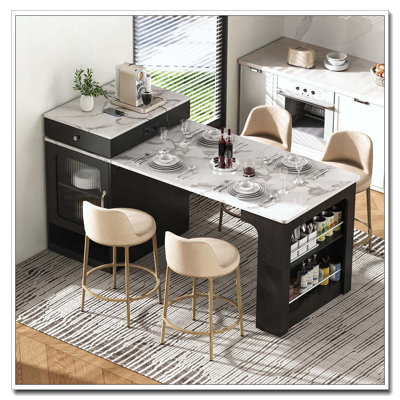 Îlot de cuisine 59,5 po avec table de salle à manger extensible, table de rangement de cuisine avec rangement double-face, îlot de cuisine avec 2 tiroirs, prise de courant, tablettes latérales ouvertes, pour la cuisine