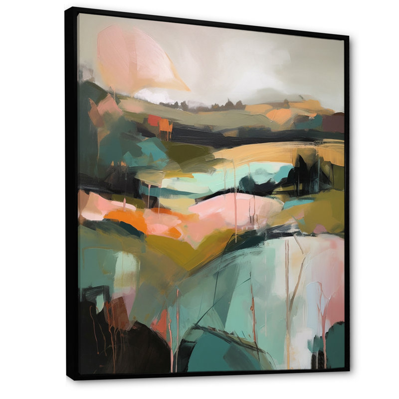 Vert et rose, réalité transcendante - peinture murale abstraite, H 40 po x l 30 po x P 1,5 po, Cadre flottant noir
