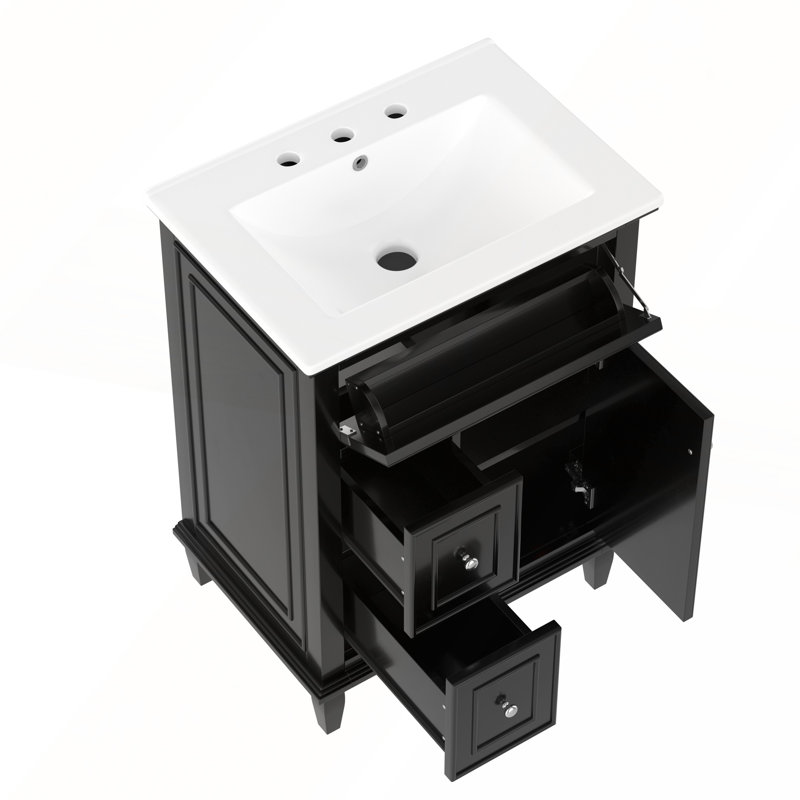 Meuble-lavabo 24 po avec lavabo, tiroir rabattable, deux tiroirs et tablette réglable, Noir