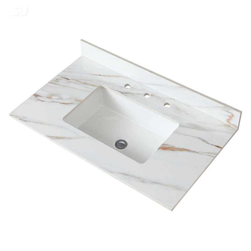 Comptoir de meuble-lavabo en marbre de 37 po avec lavabo encastré et dosseret, blanc de Carrare avec veines élégantes pour l'élégance de la salle de bain