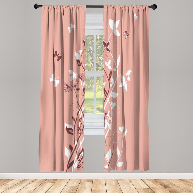 Microfiber Floral Semi-Sheer Rod Pocket Curtain Panels, 28" W x 95" L, White/Pink