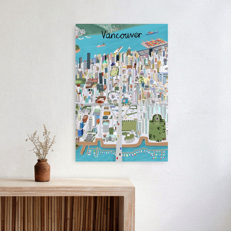 Vibrant Vancouver City Colorful Vibrant Whimsical City Landscape Wall Art Print 1 Piece Wrapped Canvas Wall Art