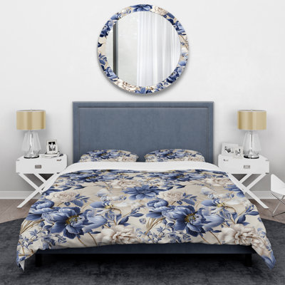 Ensemble de housse de couette victorienne en damas bleu et blanc Victorian III