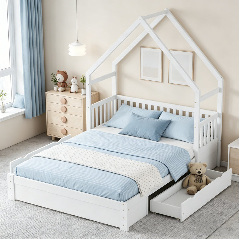 Grand lit plateforme en bois robuste avec garde-corps et tiroirs de rangement, blanc, Blanc