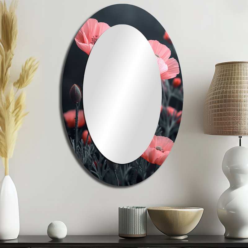 Rose rose gris vent coquelicots jardin I - miroir décoratif ovale floral sur métal, 36 po x 24 po