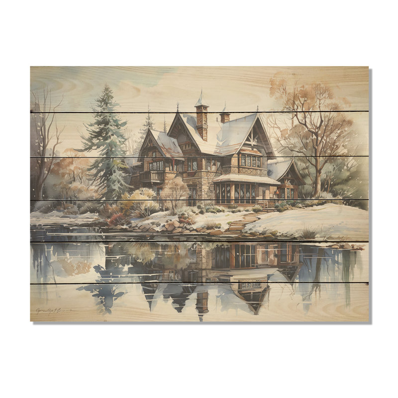 Lakehouse In Winter Charm - Lakes Lakehouse Wood Wall Art On Natural Pine Wood, 10" H x 20" W