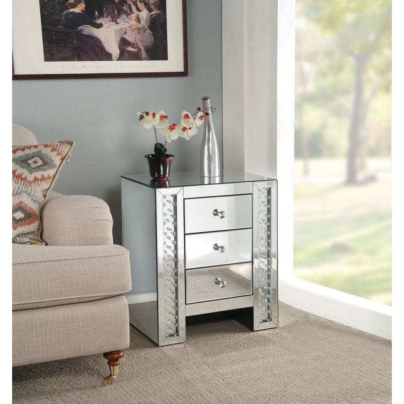 Table d'appoint rectangulaire Nysa, miroir et faux cristaux