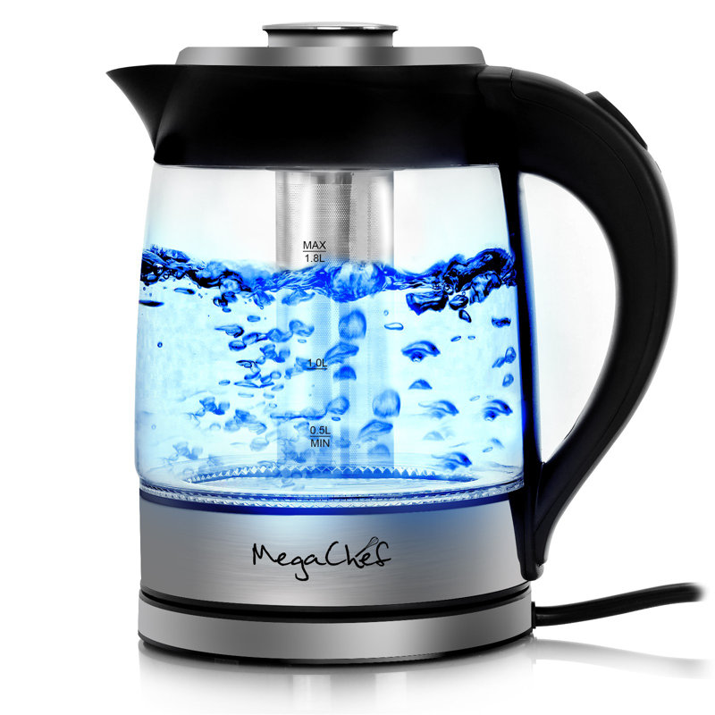 Megachef 1.9 Quart Cordless Electric Tea Kettle With Stainless Steel Design, Tea Infuser, Auto Shut-Off & Drip-Free Spout