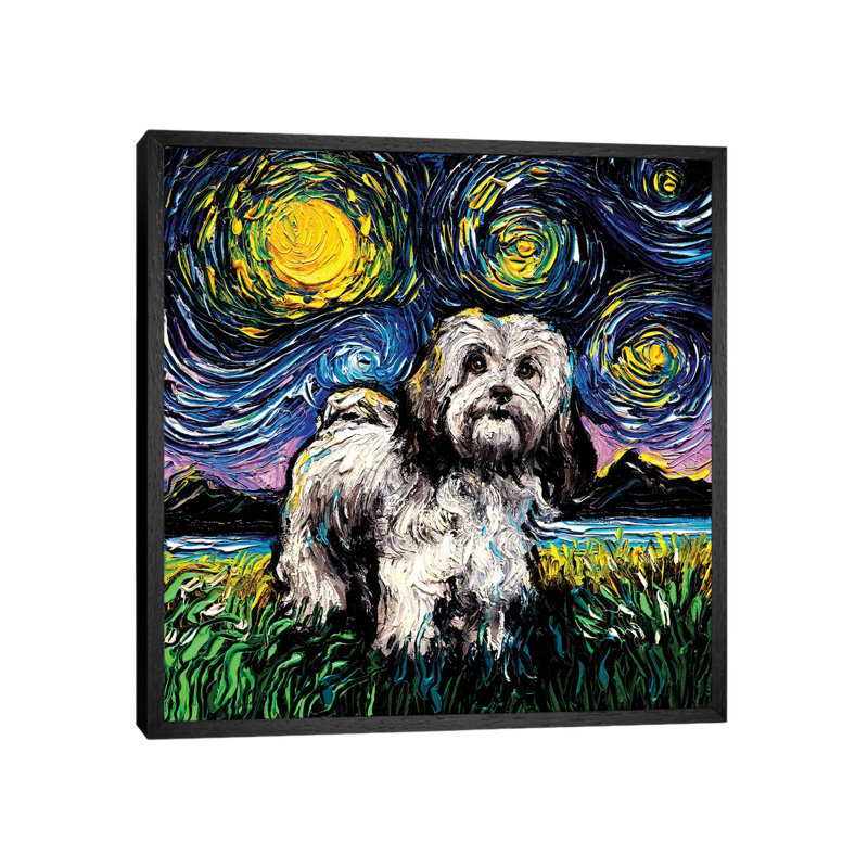Lhasa Apso Night by Aja Trier - Painting on Canvas, 66.04 cm H x 66.04 cm W, Black Framed