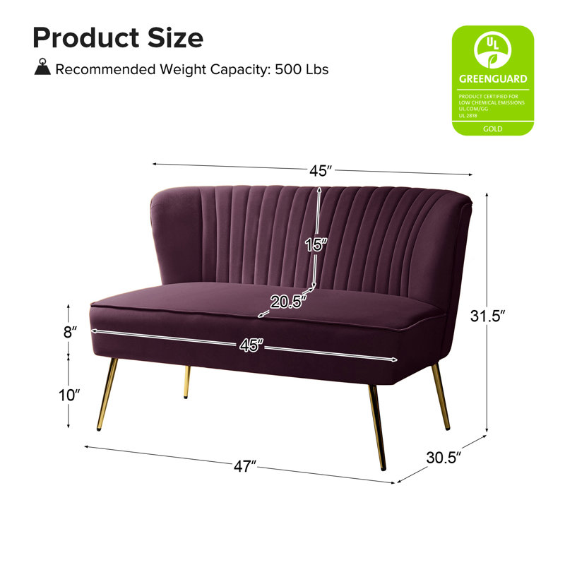 Causeuse sans accoudoirs en velours 47 po Leona, Mauve