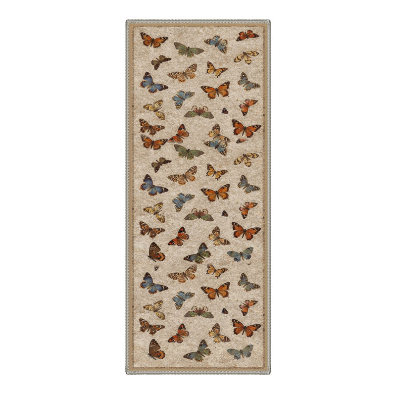 Novella Vintage Butterflies Machine Washable Beige / Brown Indoor Area Rug with Non-Slip Backing, Runner 2' x 7'