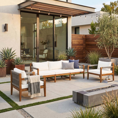 Ensemble de canapé modulaire d'extérieur en bois d'acacia massif 3 pièces, ensemble de causeuse en corde tissée avec coussins amovibles résistants à l'eau pour la cour, la terrasse et la piscine