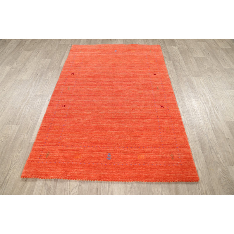 Tapis orange en laine noué à la main de conception unique 3 pi 9 po x 5 pi 9 po New Age