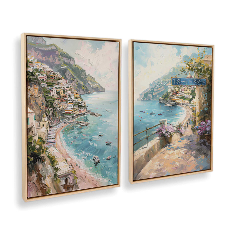 Ensemble 2 pièces Coastal Charm Paradise sur toile par Azure Artisanal Studio, Cadre américain en érable flottant