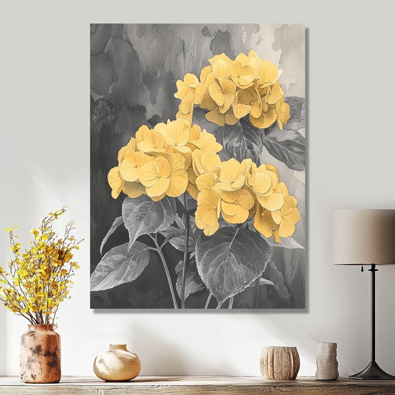 Hortensias avec tige jaune en surbrillance - hydrangées, impression murale en métal, H 44 po x l 34 po